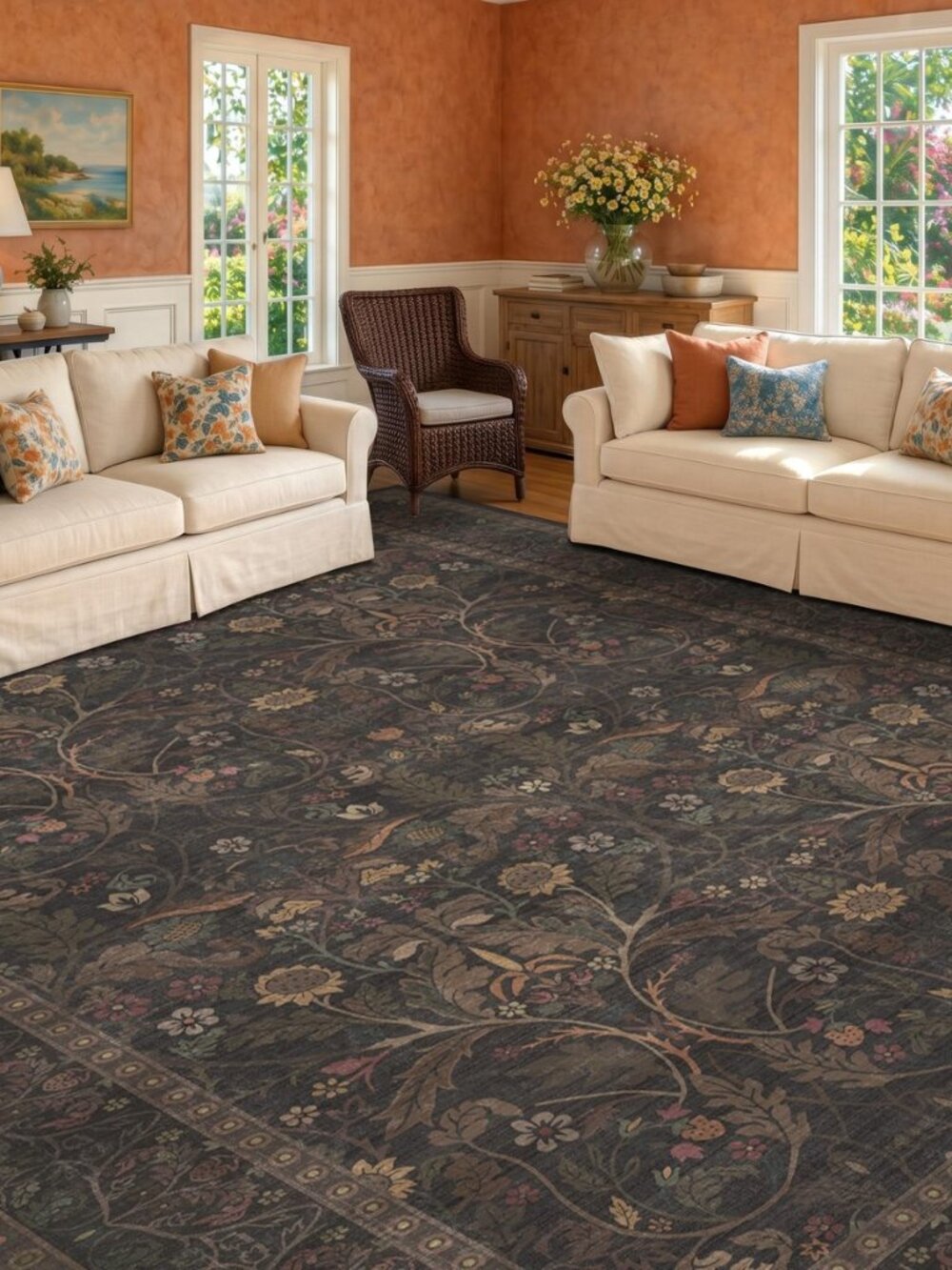 Washable 8x10 Area Rugs for Living Room, Black and Brown Halloween Rug for